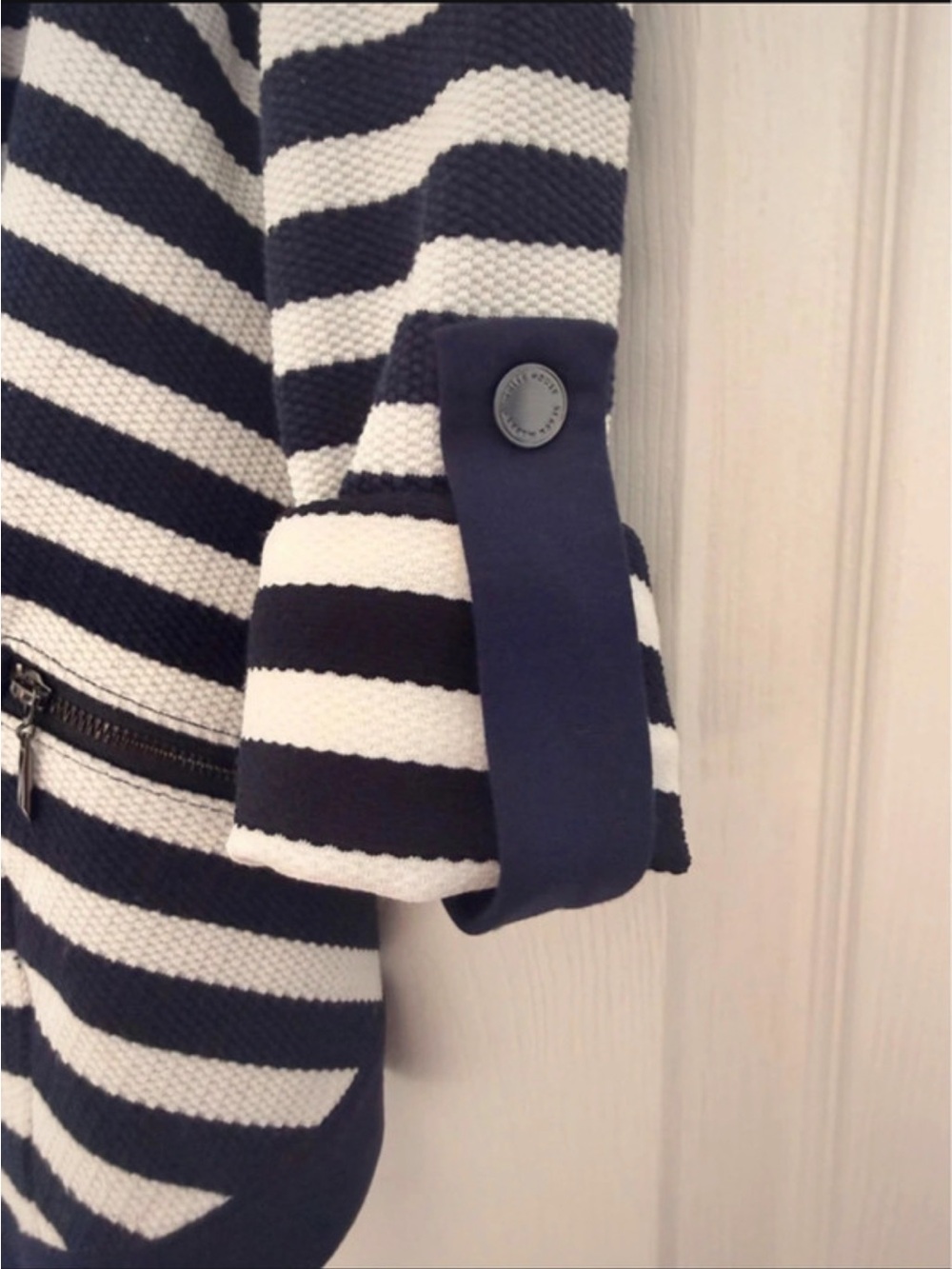 White House Black Market Navy & White Striped Open-Front Jacket - Picture 3 of 3
